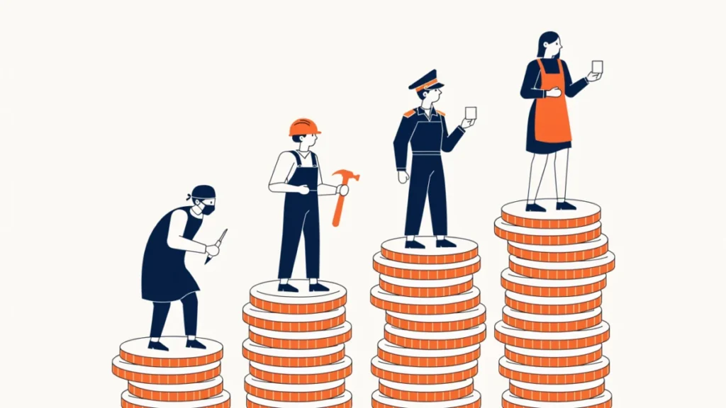 Workers in different jobs on coin columns of different heights, illustrating wage differentials