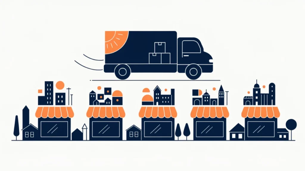 Identical branded shops supplied by one central warehouse, illustrating chain or multiple stores