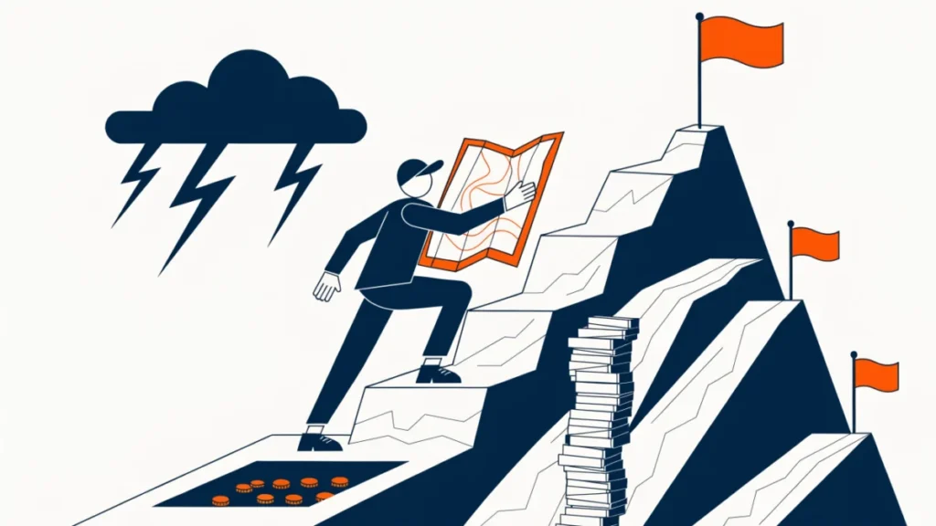 Entrepreneur climbing a mountain path past cash gaps and paperwork, illustrating challenges entrepreneurs face