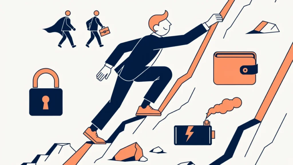 Tech founder climbing past competition, security and funding obstacles, illustrating technopreneur challenges
