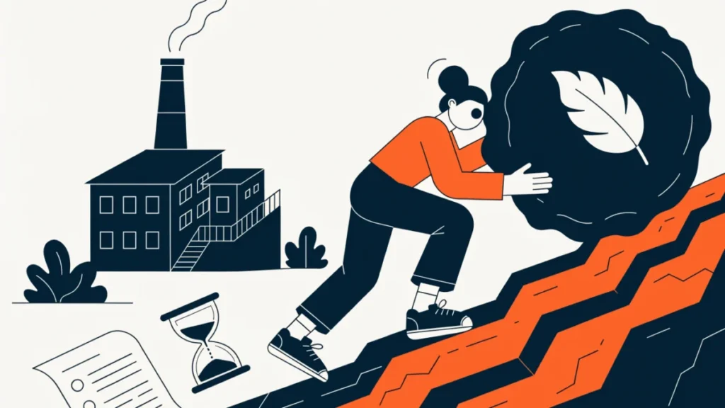 Green entrepreneur pushing a leaf boulder uphill past a big factory, illustrating green business challenges