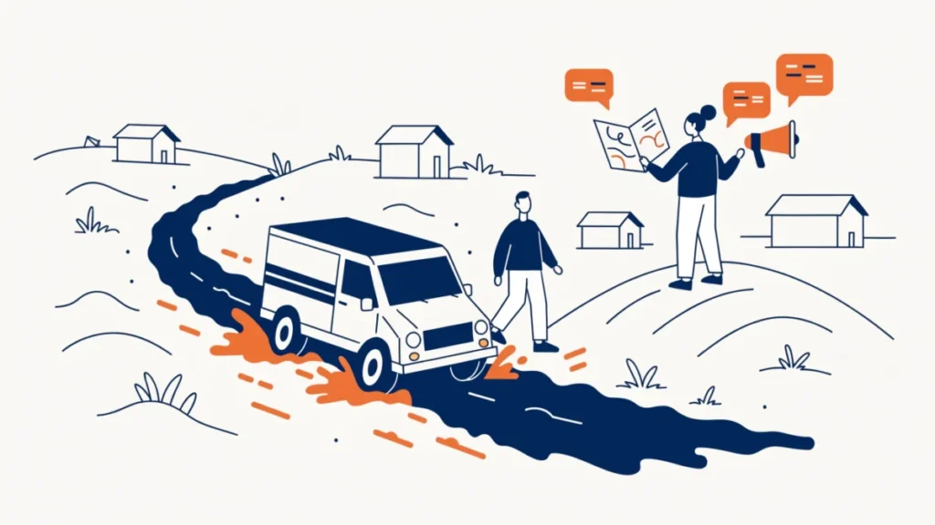 Delivery van stuck on a village road, illustrating challenges of rural marketing