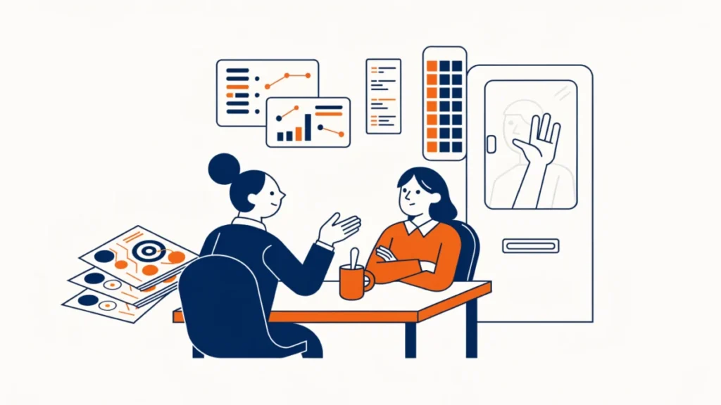 Salesperson facing a skeptical client among competitor brochures, illustrating personal selling challenges