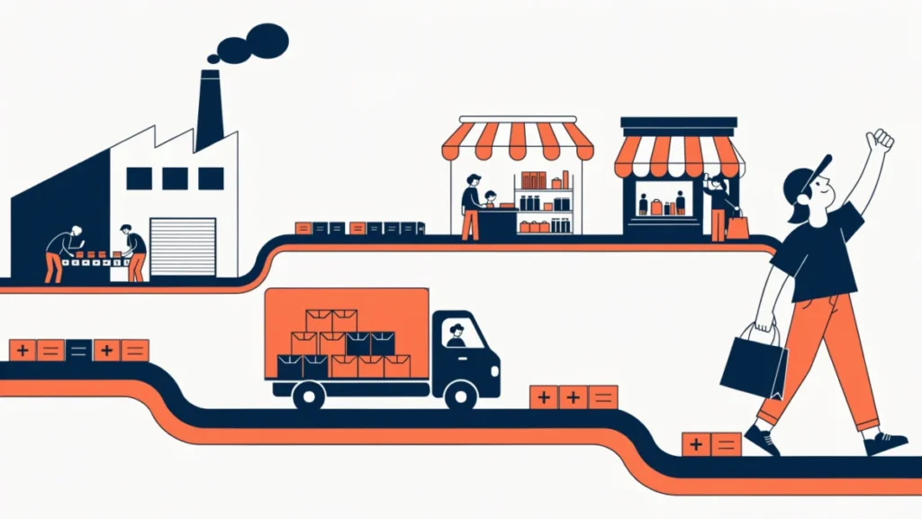 Goods moving from factory to wholesaler, retailer and customer, illustrating channels of distribution