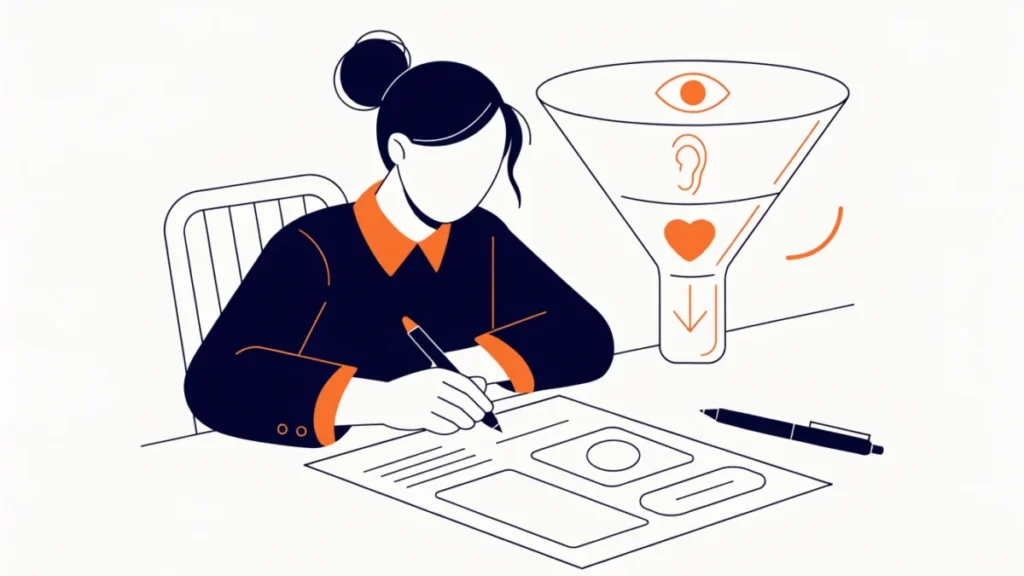 Copywriter drafting an ad layout beside an AIDA funnel, illustrating advertising copy
