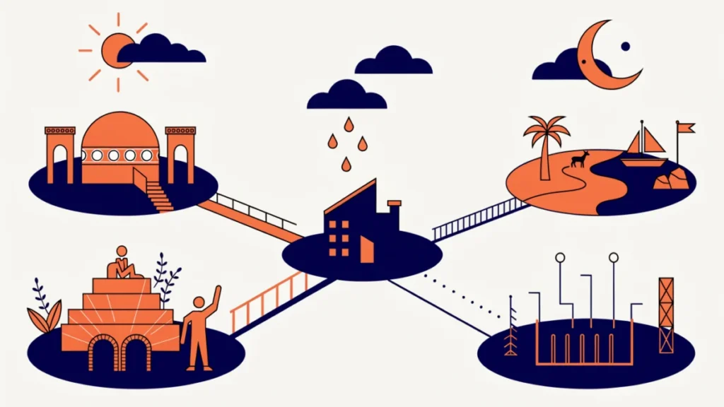 Company island linked to government, society, nature and market islands, illustrating the business environment