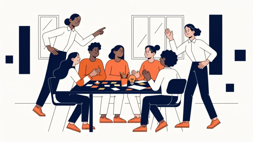 Diverse team brainstorming in an open office, illustrating a creative organization
