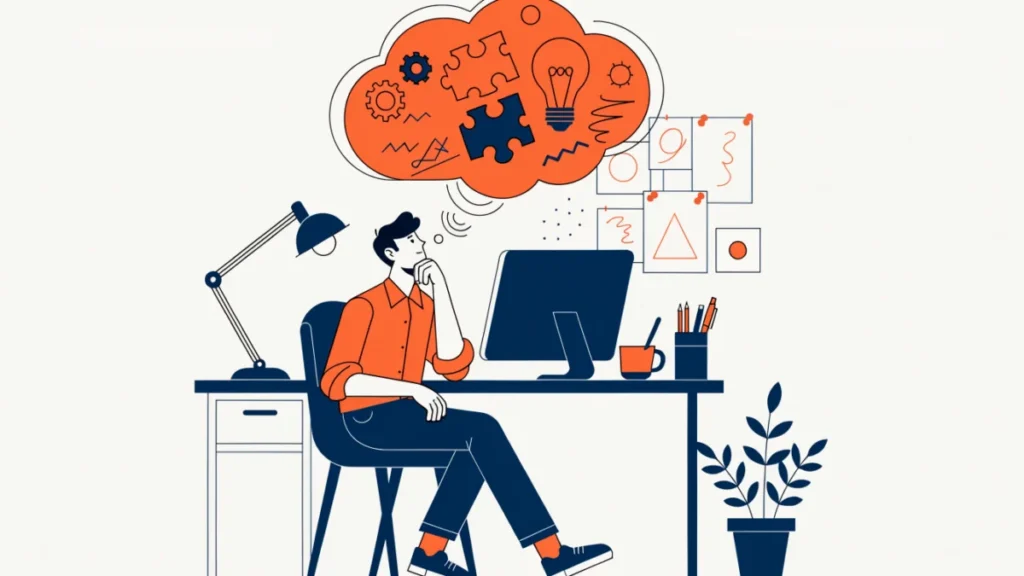 Entrepreneur mixing puzzle pieces and gears into a new idea, illustrating creativity in entrepreneurship