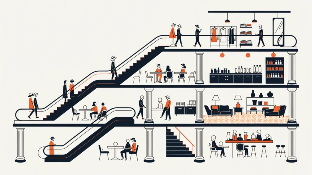 Cutaway of a multi-floor department store with separate departments, illustrating departmental stores