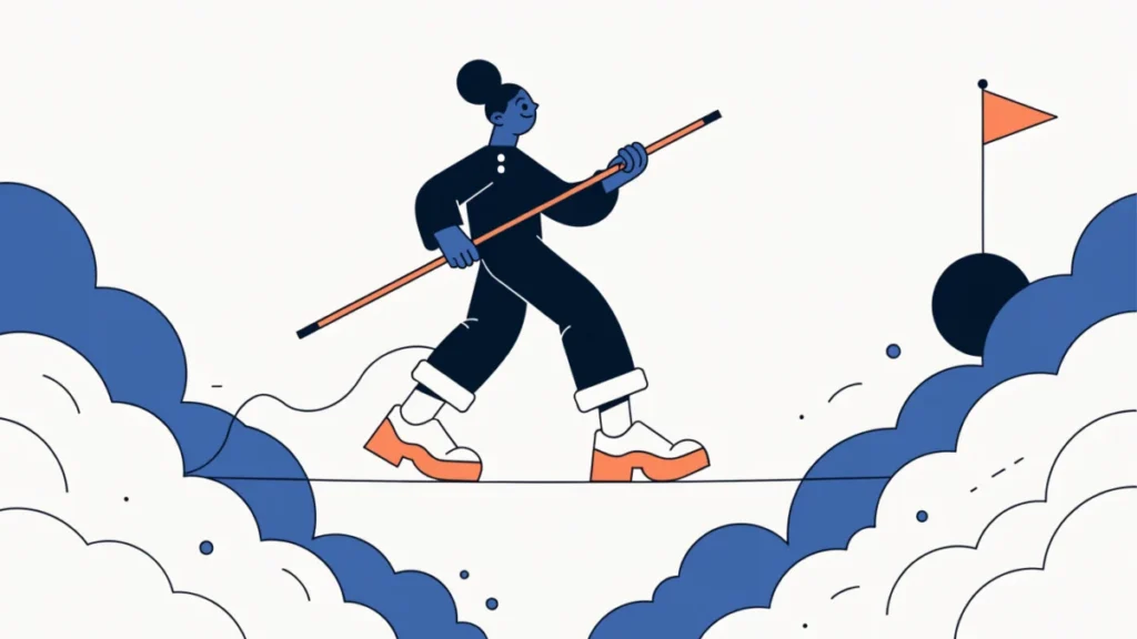Confident entrepreneur balancing on a tightrope toward a goal, illustrating entrepreneurial behaviour