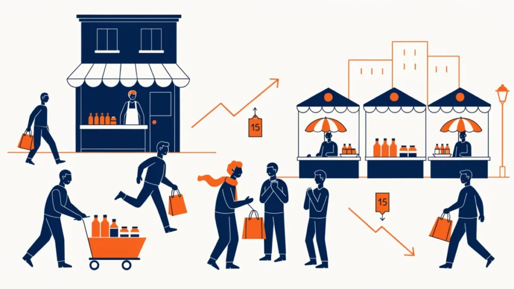 Free-market town square with private shops and supply and demand price arrows, illustrating a market economy