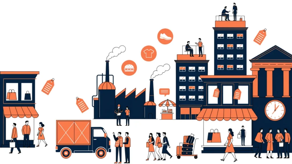 Free-market city with private shops and a stock exchange, illustrating a capitalist economy