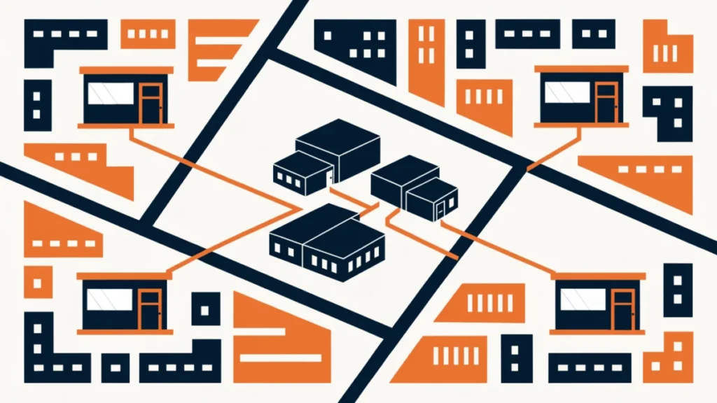 Identical branded shops linked to one head office on a map, illustrating chain stores