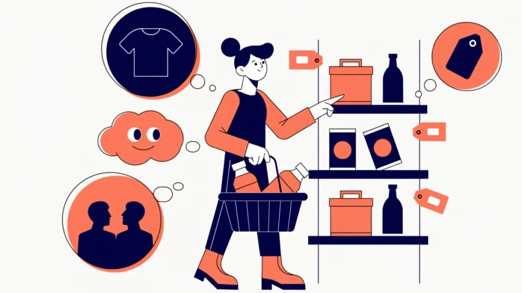 Shopper weighing needs, emotions, opinions and price, illustrating consumer behavior