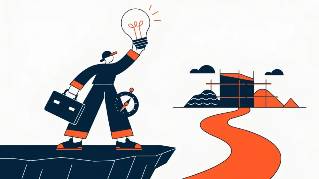 Entrepreneur with a lightbulb and compass looking toward a new venture