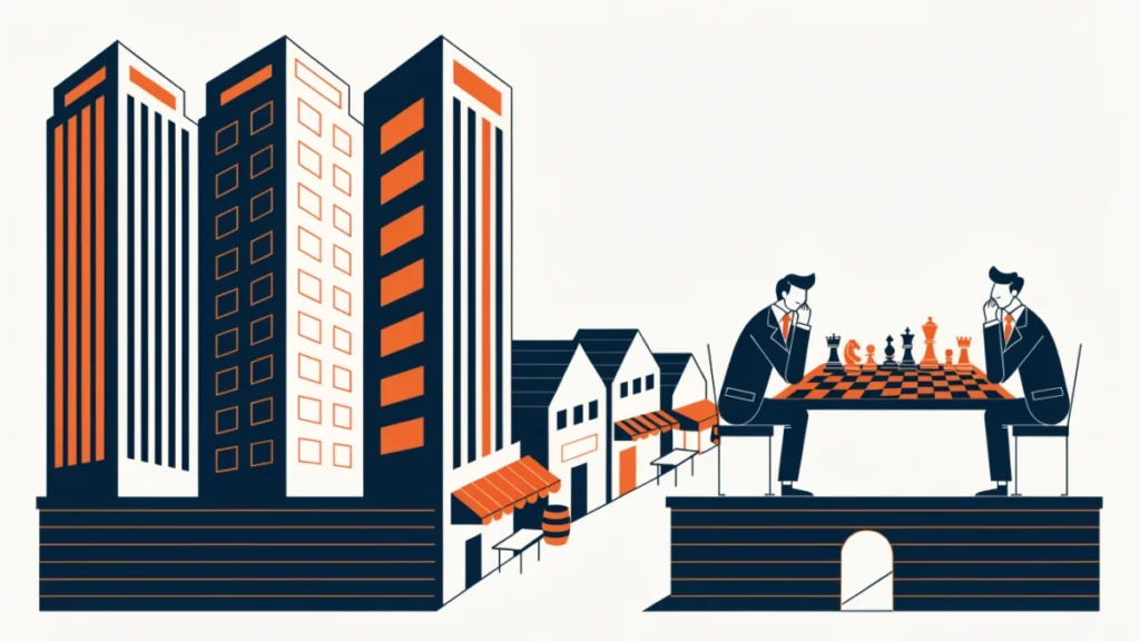 Three giant firms dominating a market across a chessboard, illustrating an oligopoly