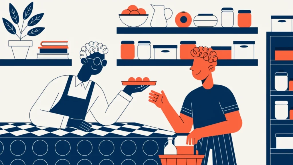 Neighbourhood store with a shopkeeper serving a customer