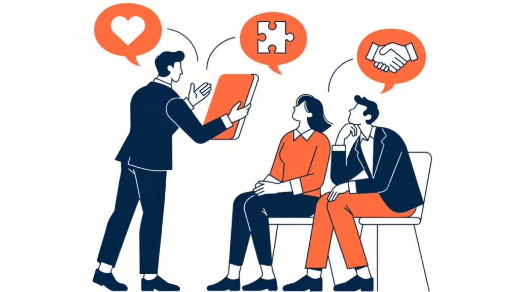 Salesman building trust with a couple, illustrating characteristics of salesmanship
