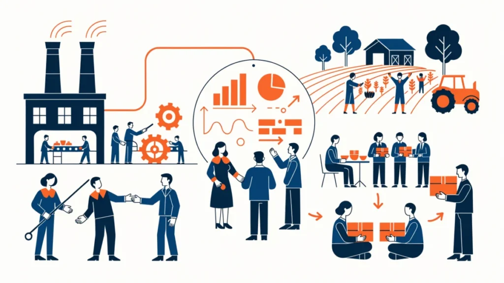 Collectively owned factory and central planning board, illustrating characteristics of a socialist economy