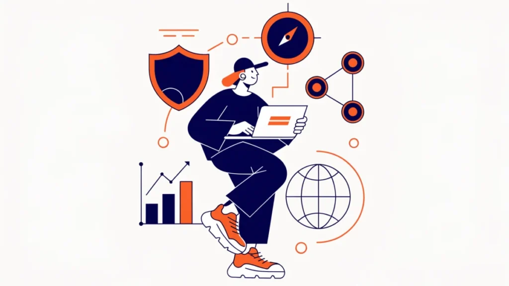 Tech entrepreneur surrounded by resilience, vision and network icons, illustrating characteristics of technopreneurship