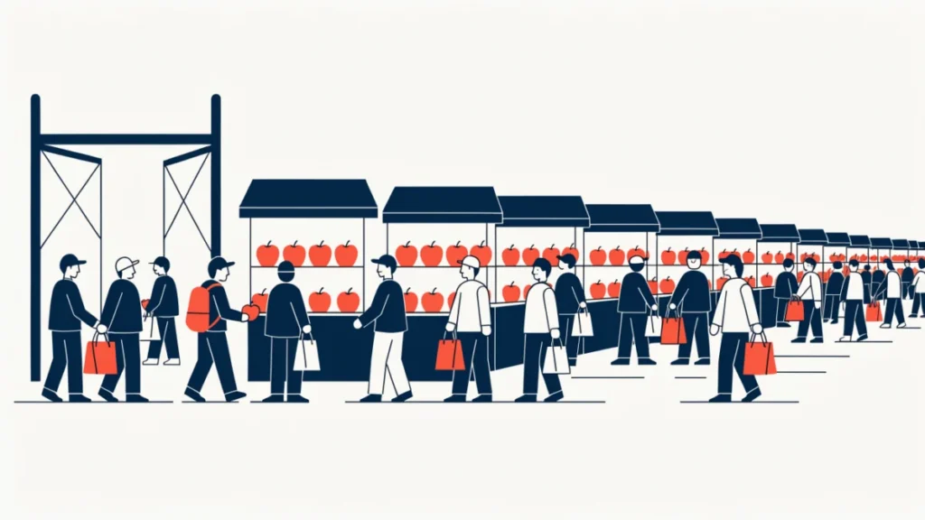 Many identical stalls selling the same product at one price, illustrating perfect competition