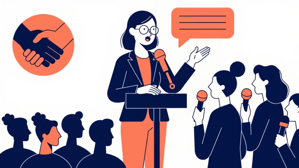PR professional at a press conference with reporters and community, illustrating public relations
