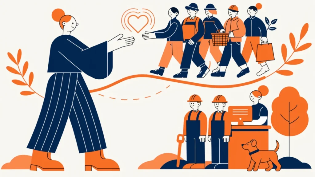 Business owner and community linked by a two-way bridge of trust, illustrating social responsibility