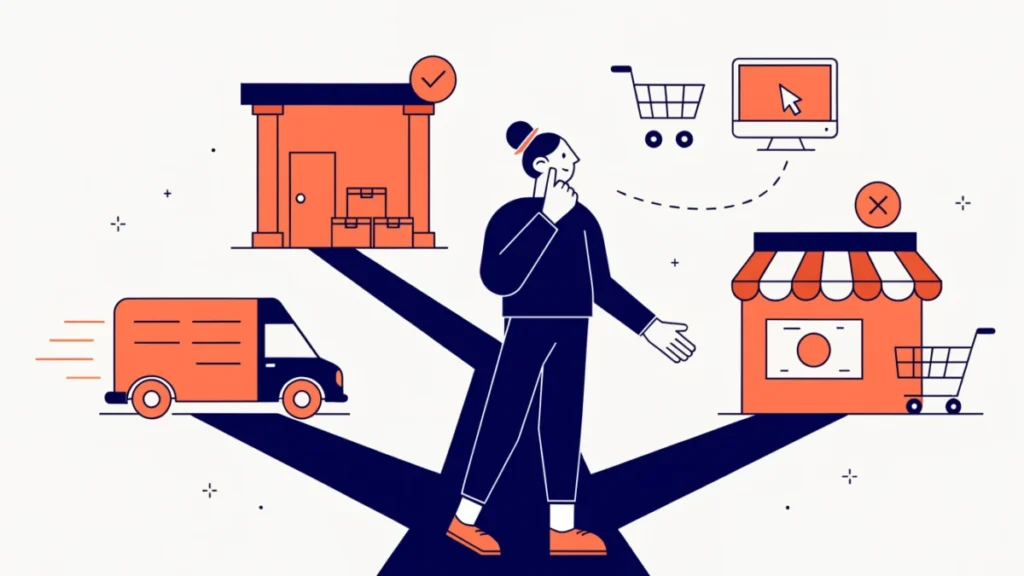 Manufacturer choosing between direct, wholesale, retail and online routes, illustrating distribution channel choice