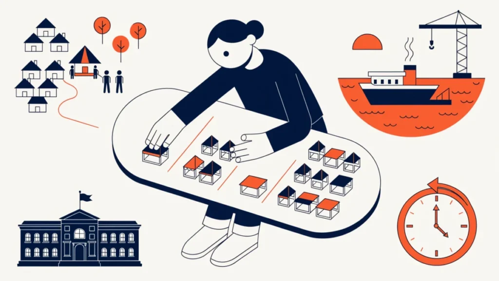 Economist sorting local, national and global markets on a table, illustrating market classification