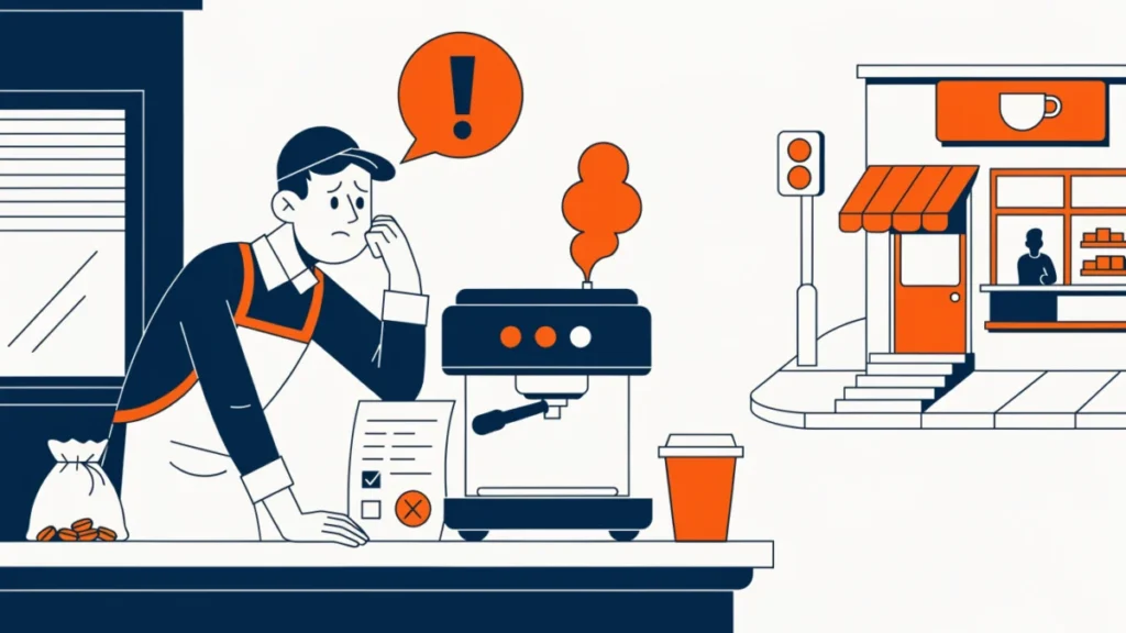 Worried cafe owner with rent bill and a rival cafe across the street, illustrating coffee shop challenges