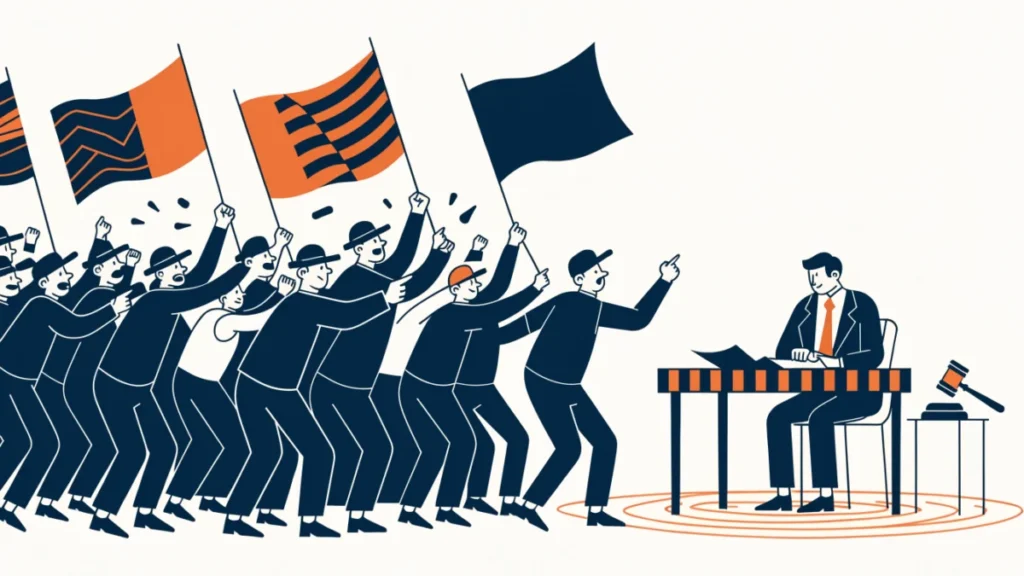 Rival union flags pulling in different directions beside an empty negotiation table