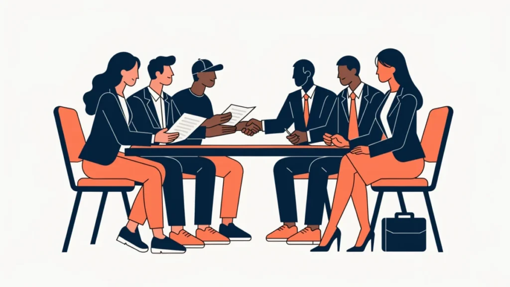 Union reps and managers reaching agreement across a table, illustrating collective bargaining