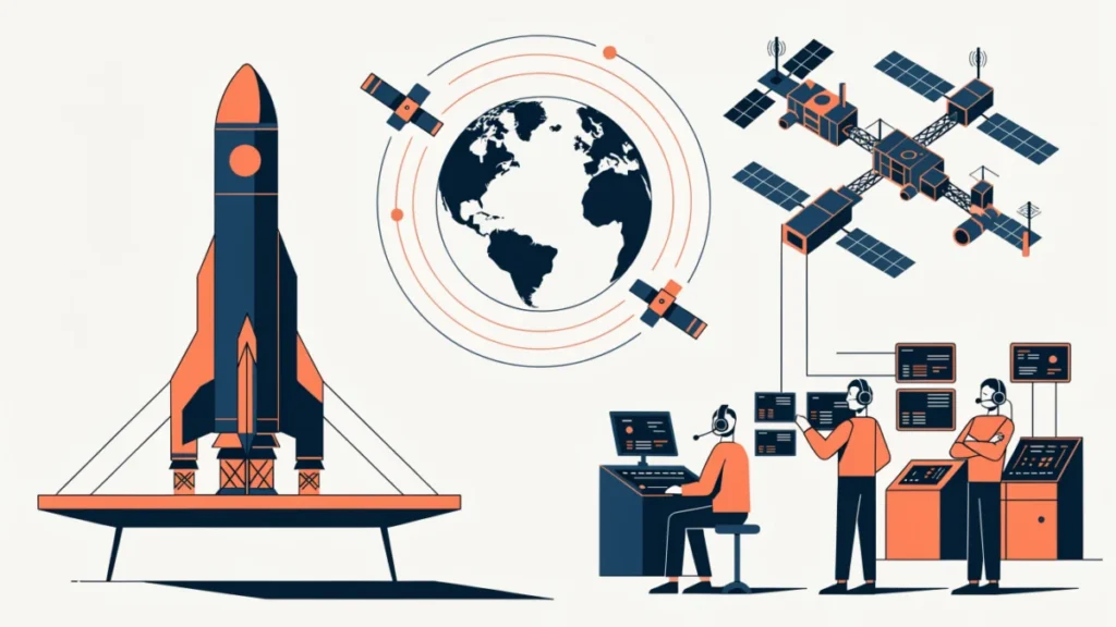Reusable rocket landing beside satellites and a space station
