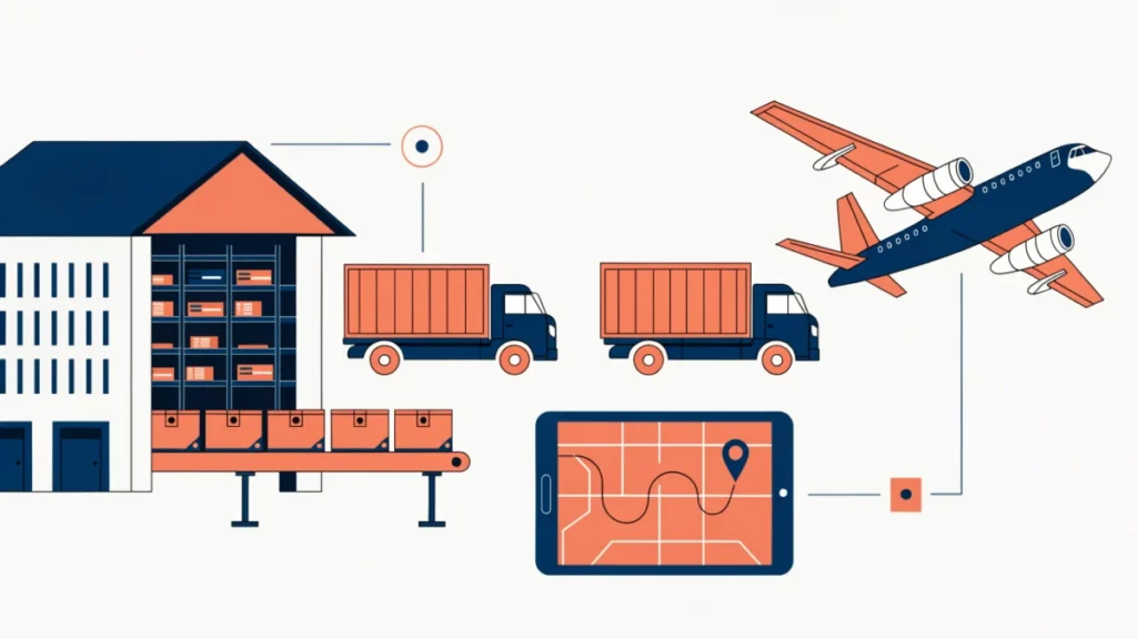 Logistics hub with warehouse, conveyor, trucks, cargo plane and route tracking