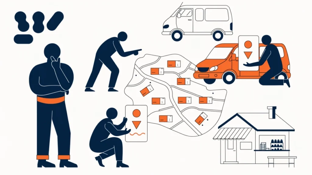 Team planning a village campaign with small packs and a van, illustrating components of rural marketing