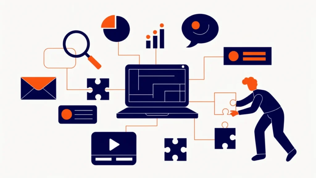 Marketer fitting search, email, social, video and analytics icons together around a laptop