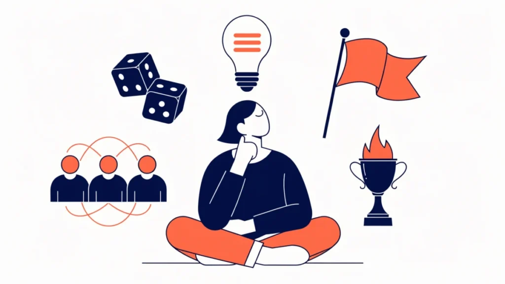 Entrepreneur surrounded by risk, innovation, leadership and achievement symbols, illustrating concepts of entrepreneurship