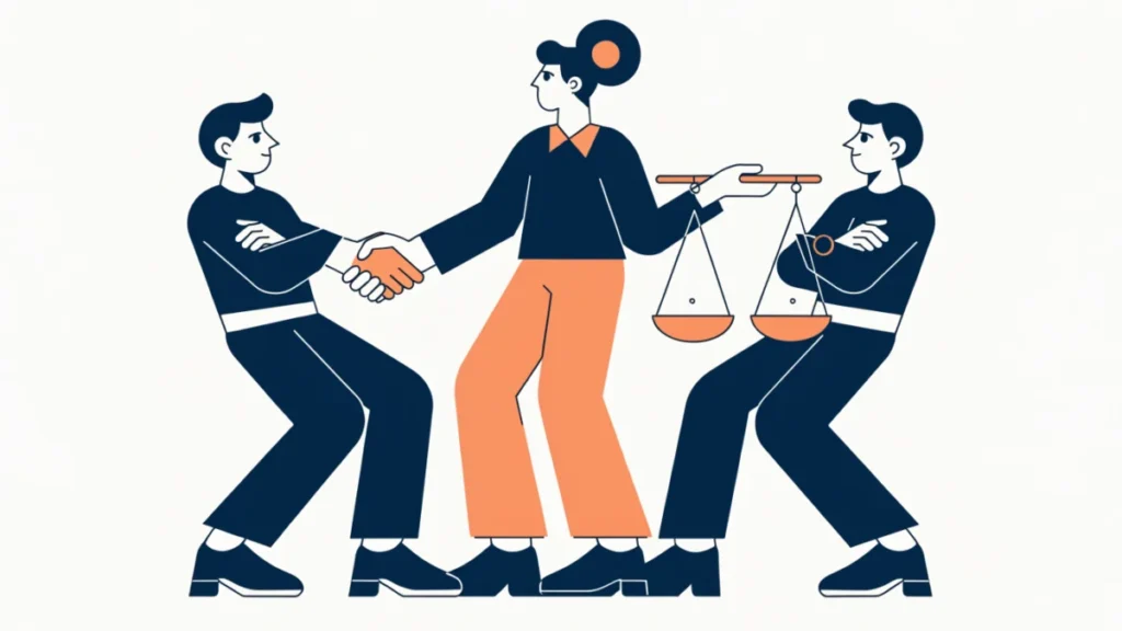 Manager mediating between two colleagues with a balanced scale