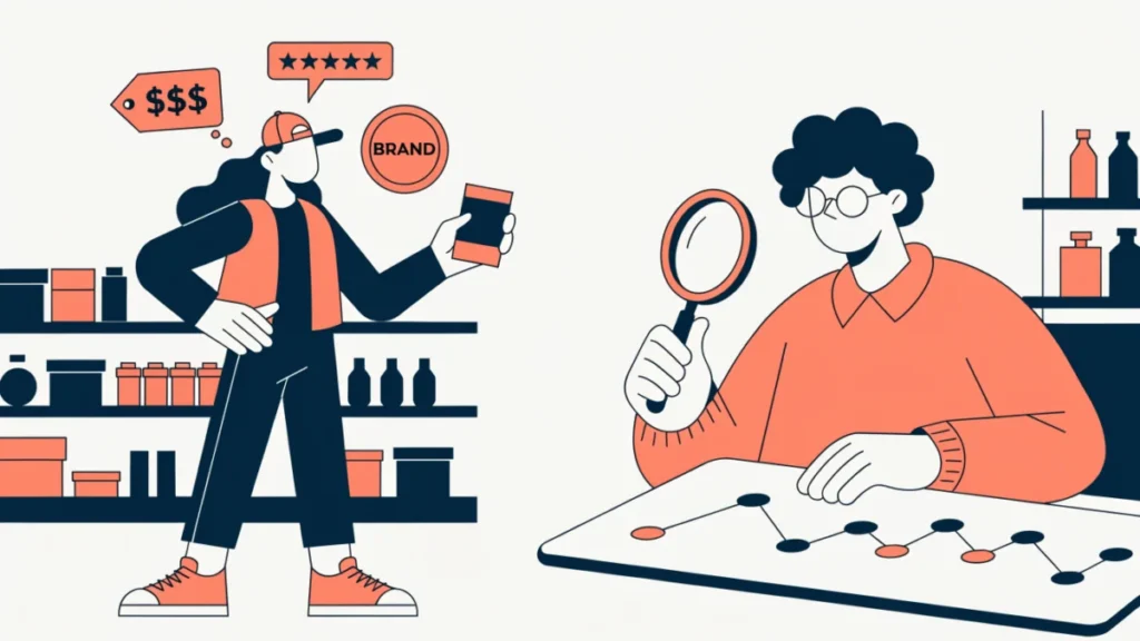 Shopper weighing price, reviews and brand while a marketer maps the journey