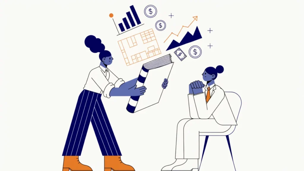 Entrepreneur presenting a project report to a bank officer, illustrating contents of a project report