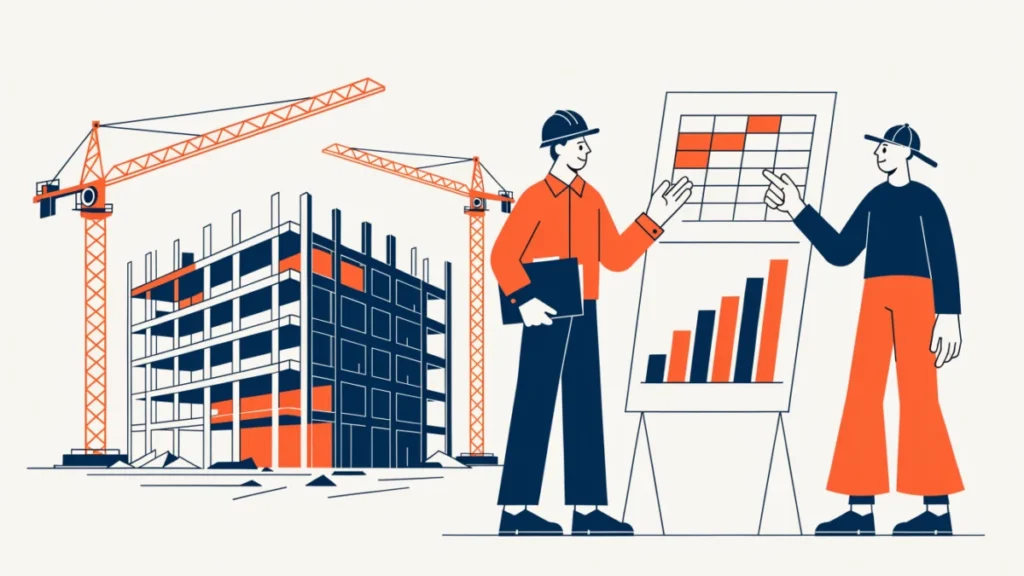Contractor and client reviewing progress and payments at a construction site