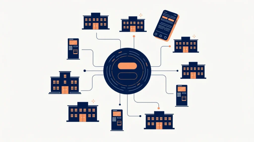 Central bank server linked to branches, ATMs and a mobile banking app