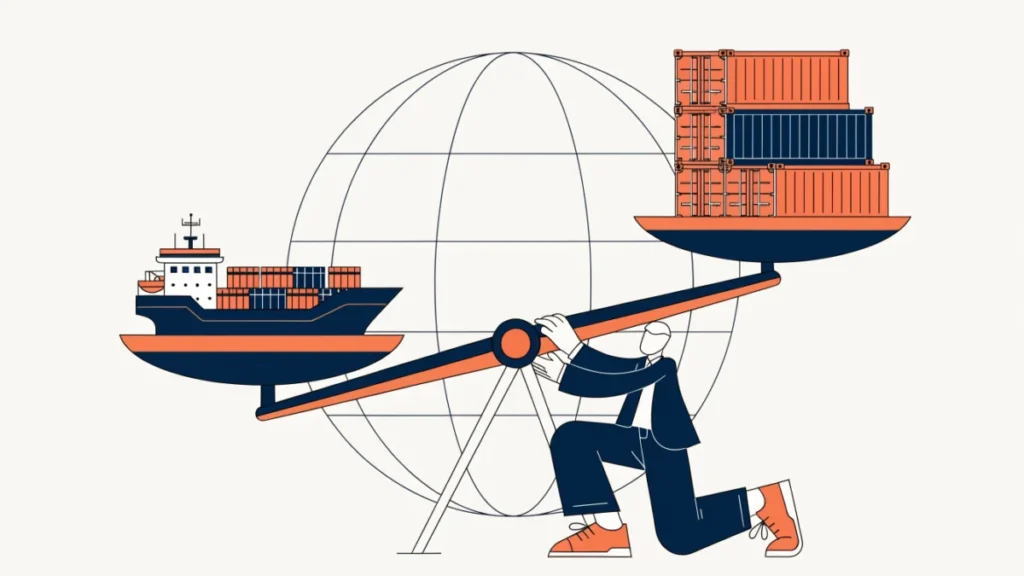 Economist levelling a scale of exports and imports illustrating correcting balance of payments disequilibrium
