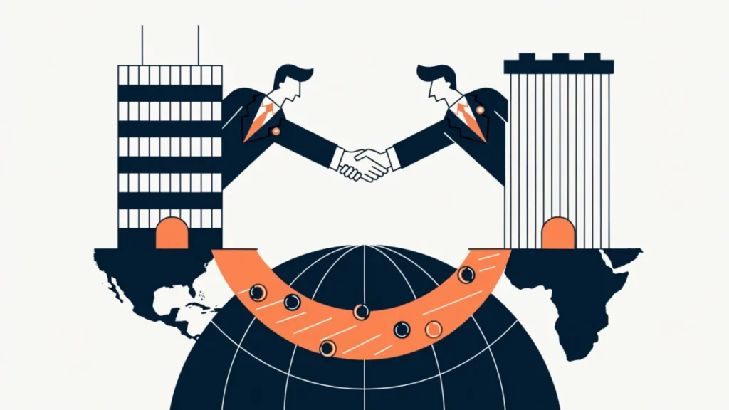 Two banks on different continents linked by money transfers over a globe, illustrating correspondent banking