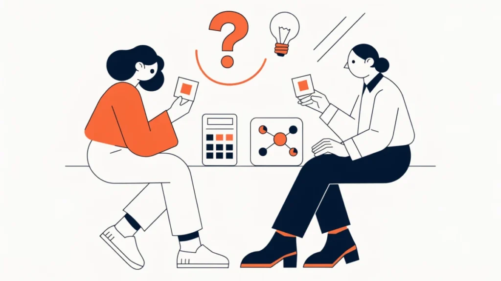 Student and cost accountant with flash cards and calculator, illustrating cost accounting Q&A