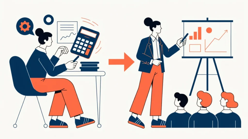 Cost accountant calculating costs that feed a manager strategy meeting