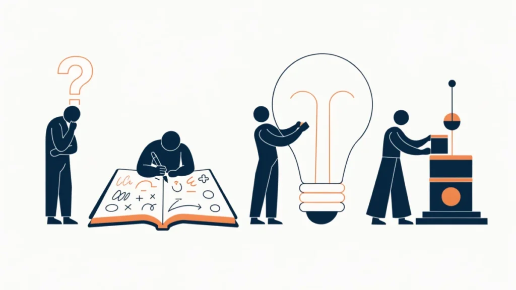 Thinker moving from a question mark to sketches to a tested lightbulb