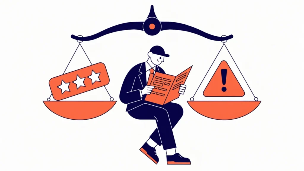 Scale weighing a star rating badge against a warning sign with an investor reading a report