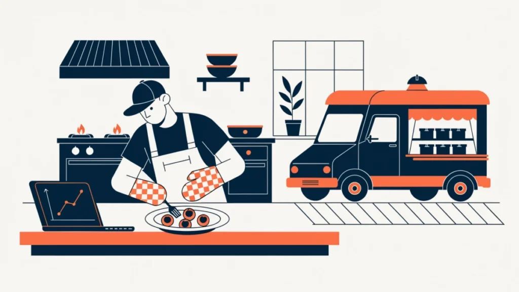Chef entrepreneur plating food with a sales chart and food truck, illustrating culinary entrepreneurship