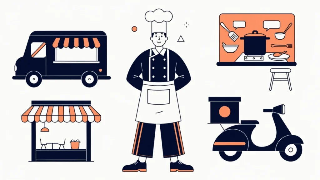 Chef entrepreneur between a food truck, cafe, delivery scooter and online class